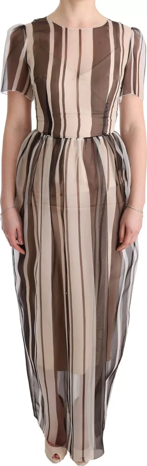 Beige Brown Striped Silk Sheath Dress