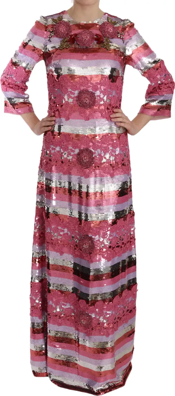 Pink Floral Sequined Crystal Gown Dress
