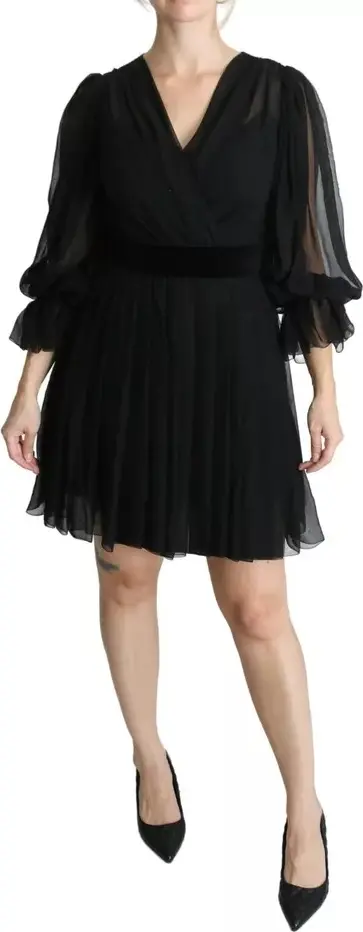 Black Mesh Pleated Mini Silk Blend Dress