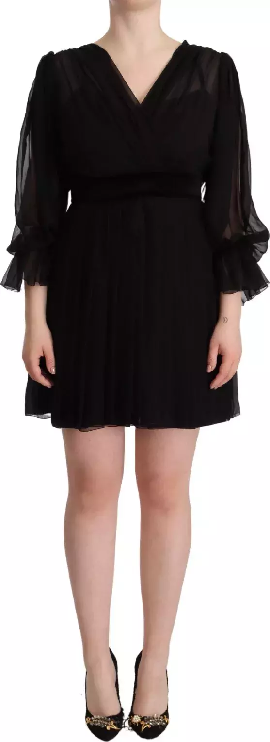 Black V-neck Long Sleeves Mini A-line Dress