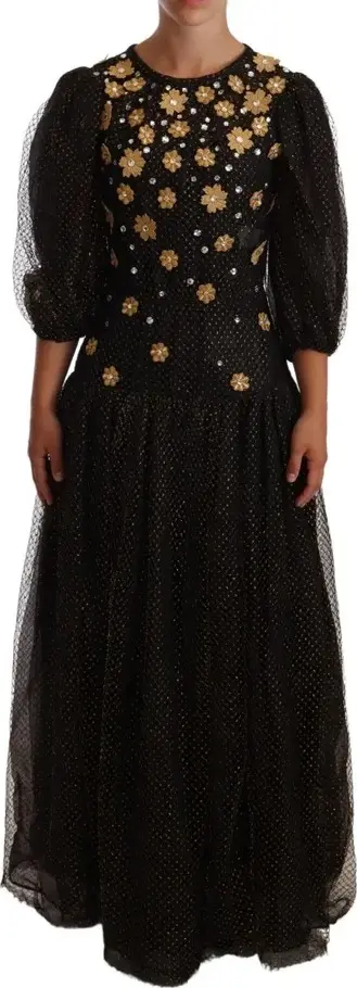 Black Crystal Floral Maxi Ball Gown Dress
