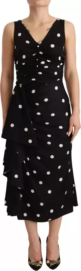 Black Silk Polka Dots V-neck Sheath Midi Dress