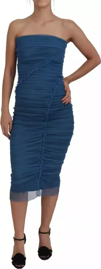 Blue Mesh Trim Ruched Tulle Sheath Dress
