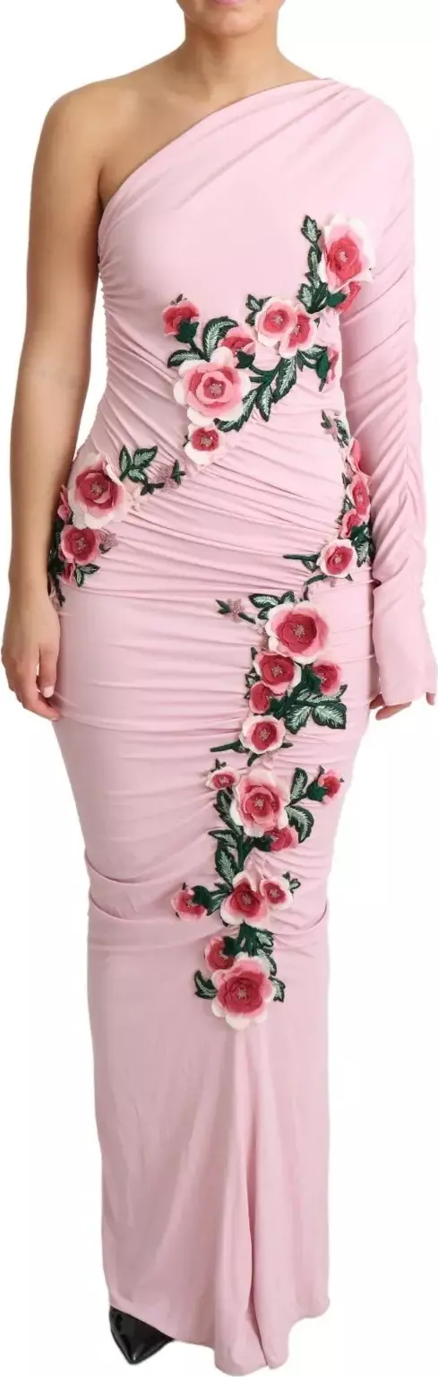 Pink Flower Embellished One Shoulder Dress