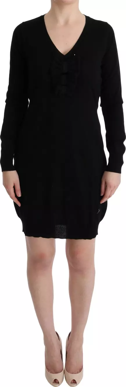 Black Wool Long Sleeve Shift Dress