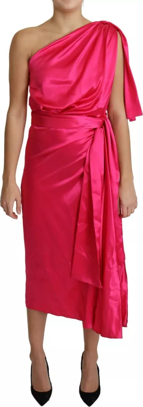 Fuchsia Fitted Cut One Shoulder Midi Dress