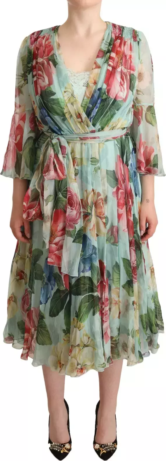 Green Floral Long Sleeve V-neck Midi Dress