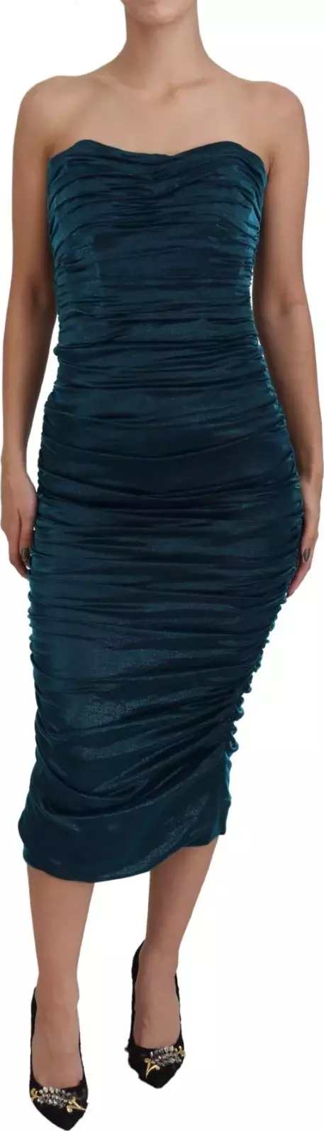 Silk Blend Blue Satin Fitted Strapless Dress