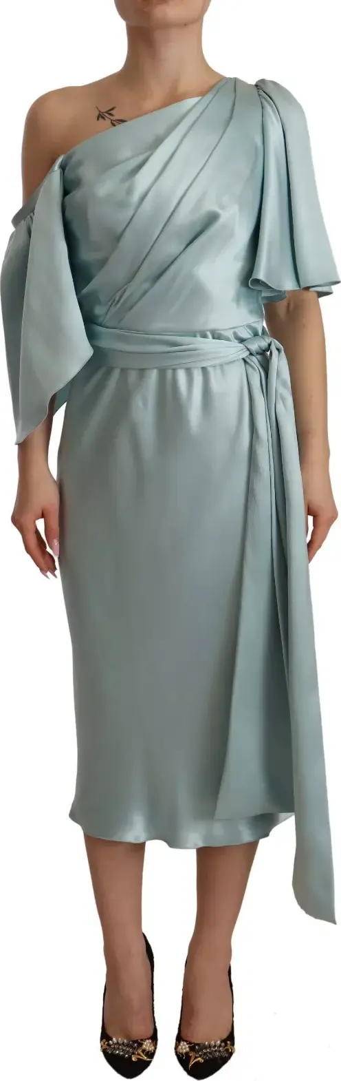 Silk Mint Green Fit Cut One Shoulder Midi Dress
