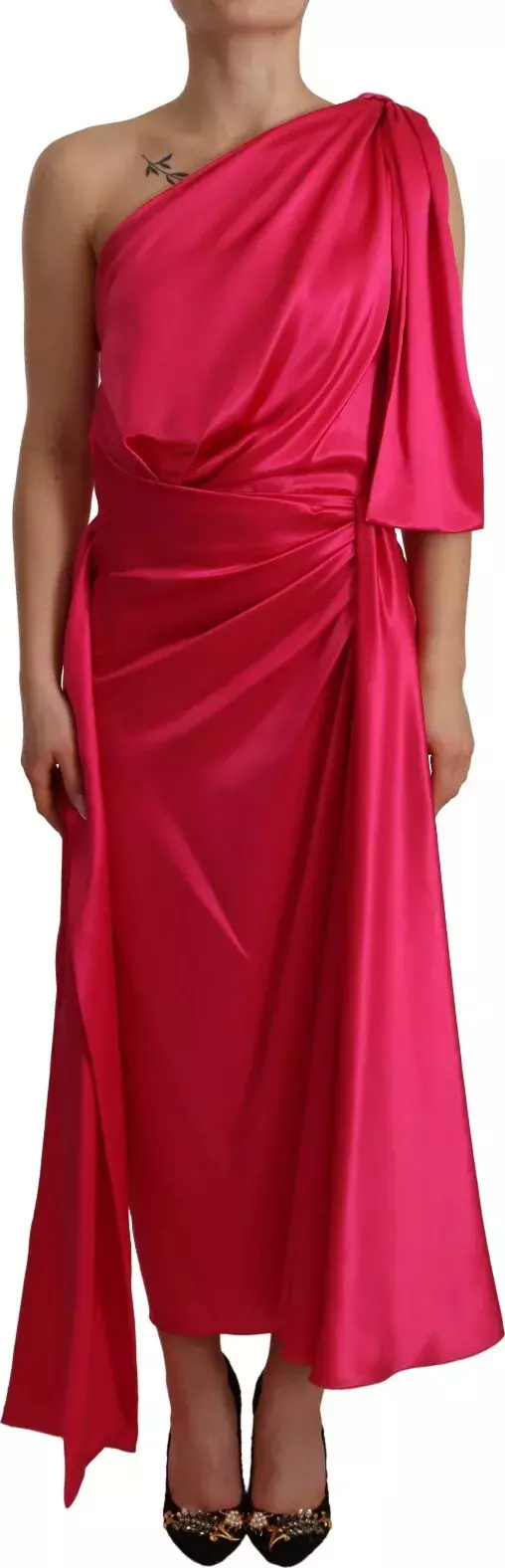 Silk Pink Fitted Cut One Shoulder Midi Dress
