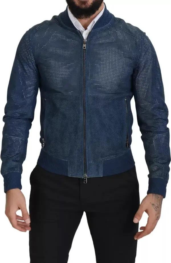 Blue Leather Perforated Full Zip Jacket