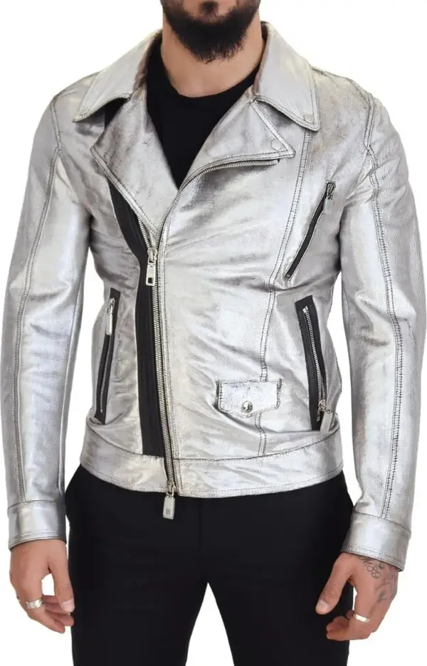 Silver Leather Biker Coat Lambskin Jacket
