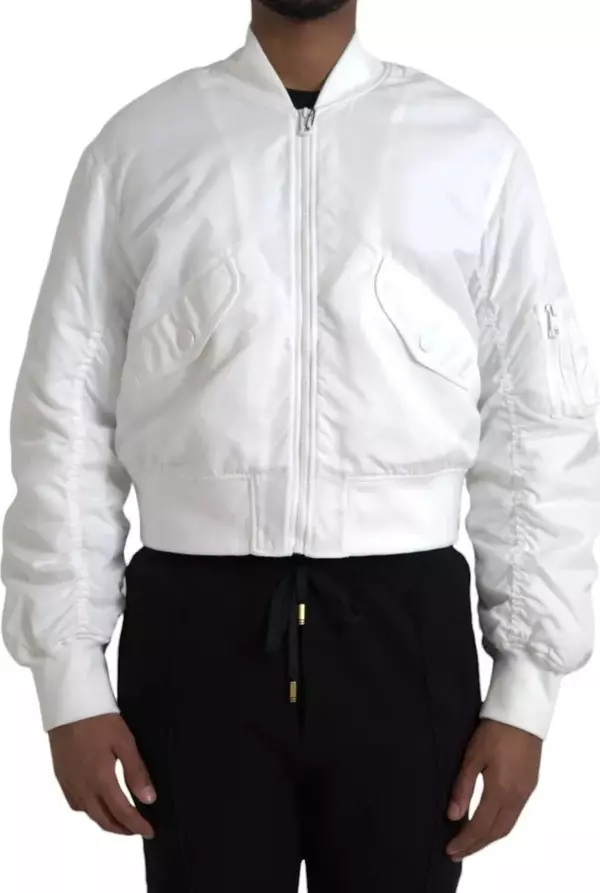 White Bomber Long Sleeves Full Zip Jacket