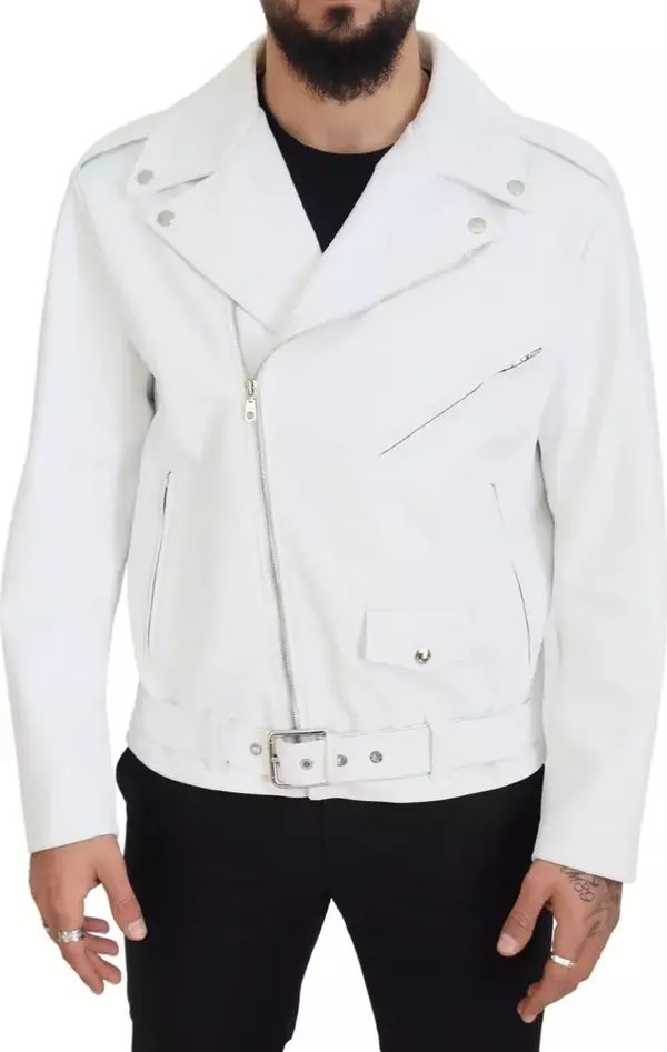 White Leather Biker Coat Zipper Jacket