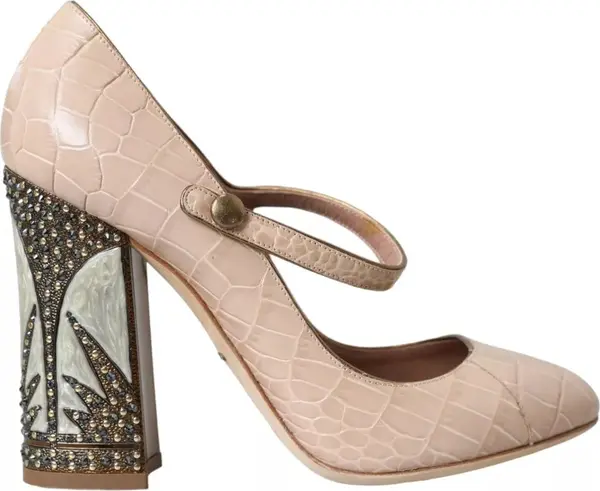 Beige Leather Mary Janes Embellished Shoes