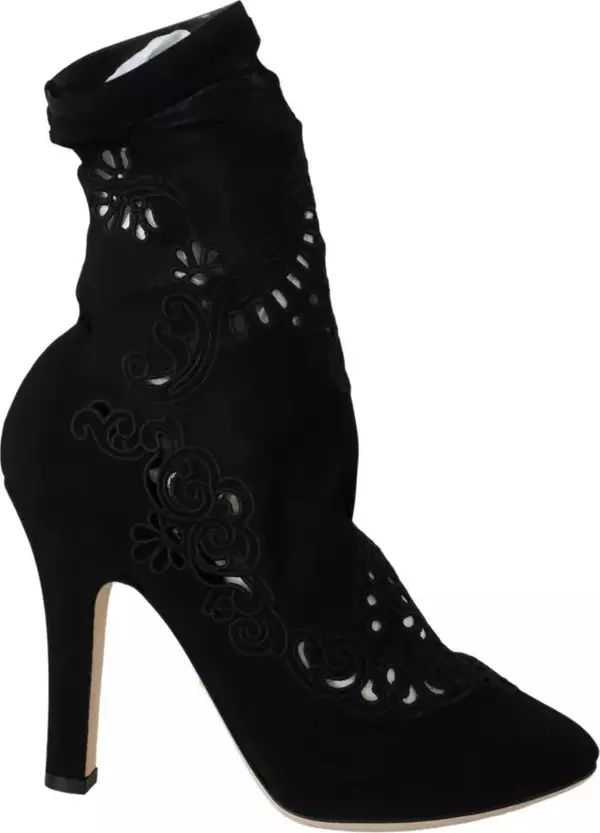 Black Stretch Pumps Boots Floral Lace Shoes