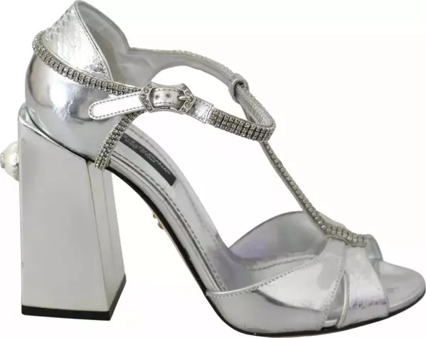 Silver Crystals T-strap Sandals Leather Shoes
