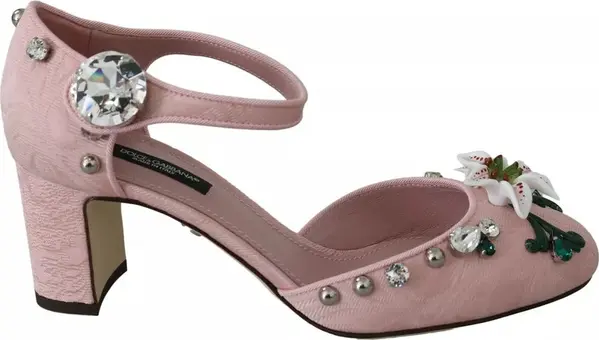 Pink Brocade Crystal Lily Ankle Strap Shoes