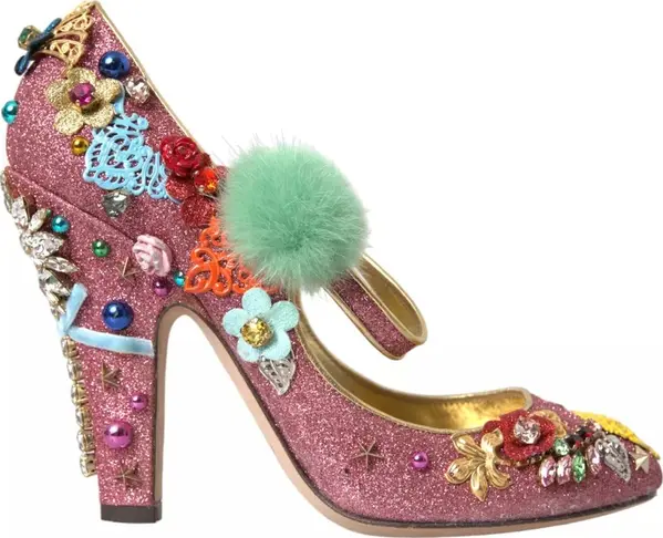 Pink Embellished Fur Mary Jane Pumps Shoes