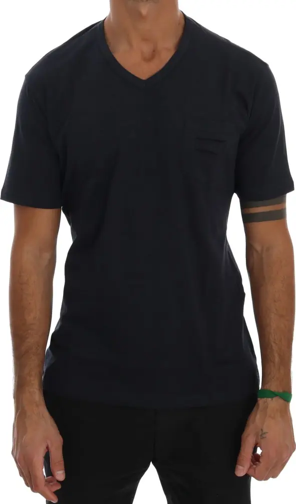Blue Cotton V-neck T-Shirt