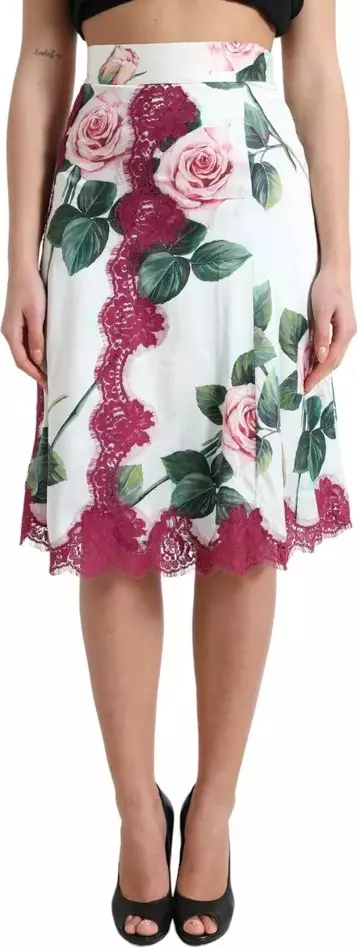 White Rose Print High Waist Midi A-line Skirt