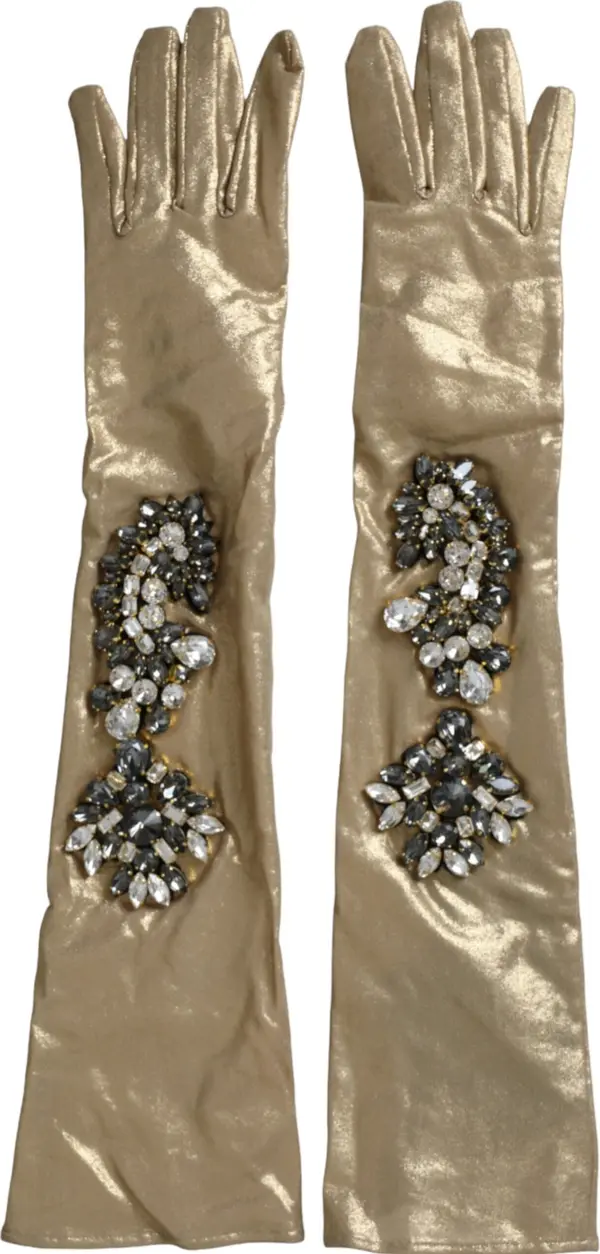 Beige Satin Crystal Elbow Length Gloves