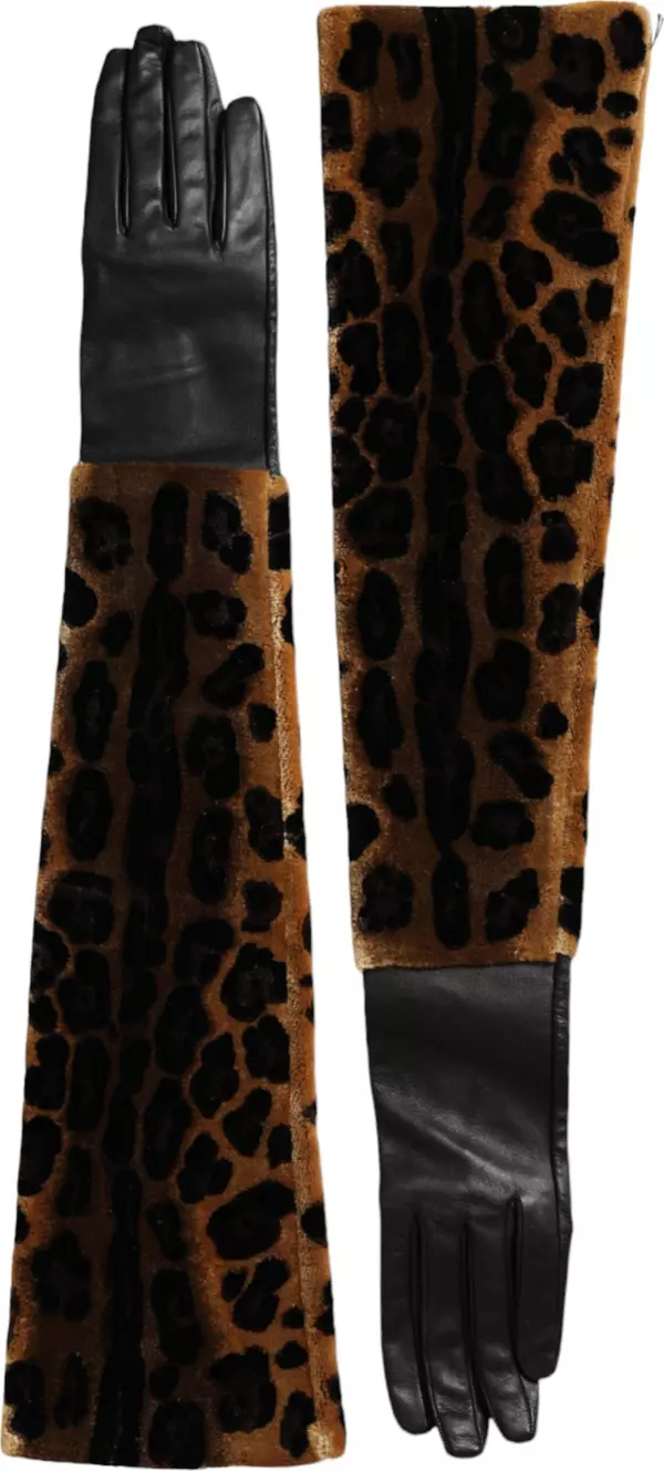 Brown Black Leopard Leather Elbow Length Gloves