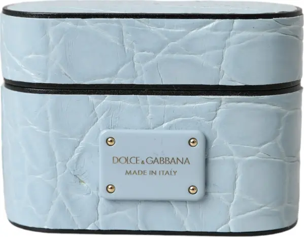 Light Blue Leather Metal Logo Plaque Airpods Case