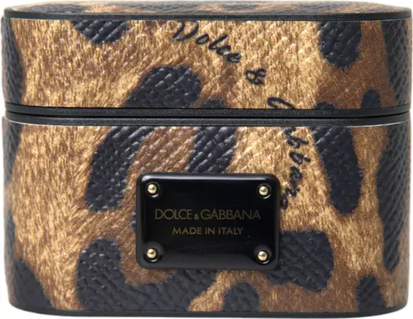 Brown Leopard Calf Leather Metal Logo Plaque Airpods Case