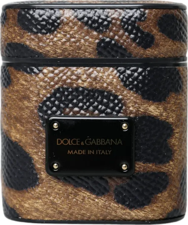 Brown Leopard Calf Leather Metal Logo Plaque Airpods Case