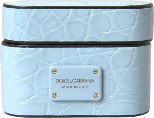 Light Blue Leather Metal Logo Plaque Airpods Case