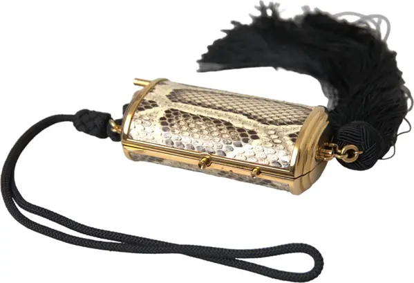 Beige Exotic Leather Mini Mirror Tassel Make Up Holder Bag