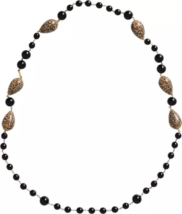 Gold Tone Brass Black Printed Beaded Long Chain Necklace