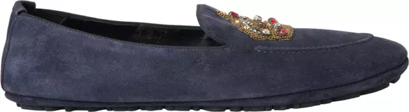 Blue Leather Suede Crystal Crown Loafers Shoes