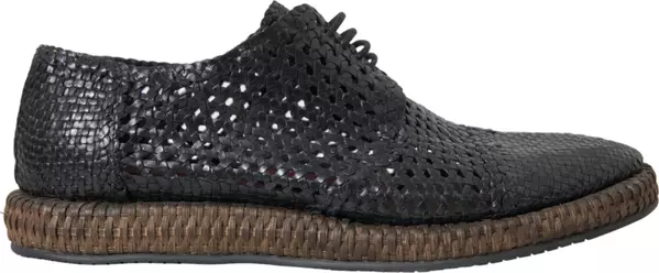 Black Woven Goat Leather Lace Up Derby Shoes