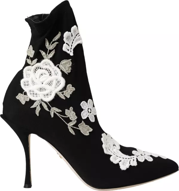 Black White Embroidery Slip On Boots Shoes