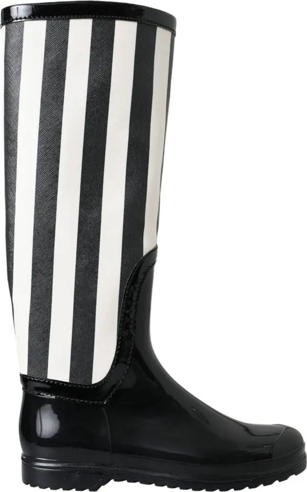 Black Rubber Knee High Flat Boots Shoes