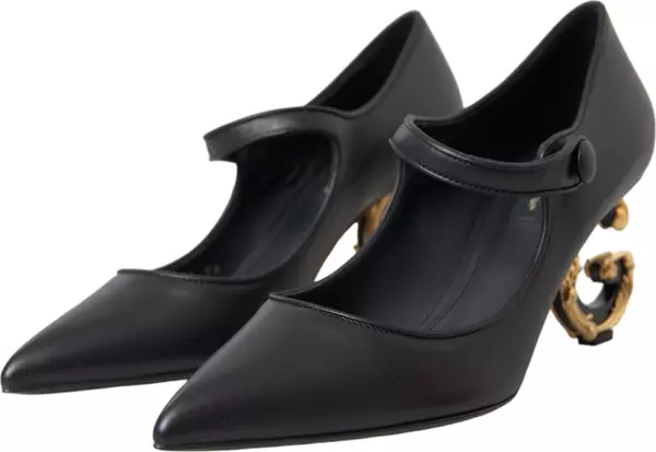 Black Leather Logo Heels Mary Janes Pumps Shoes