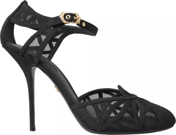 Black Mesh Ankle Strap Heels Sandals Shoes