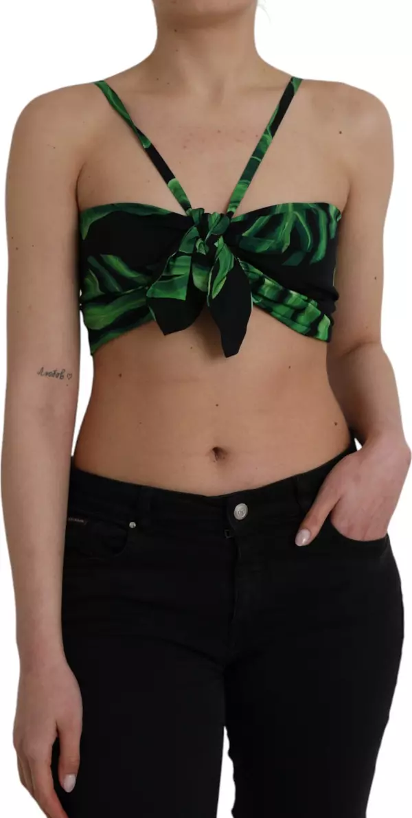 Black Green Leaf Silk Halter Cropped Top