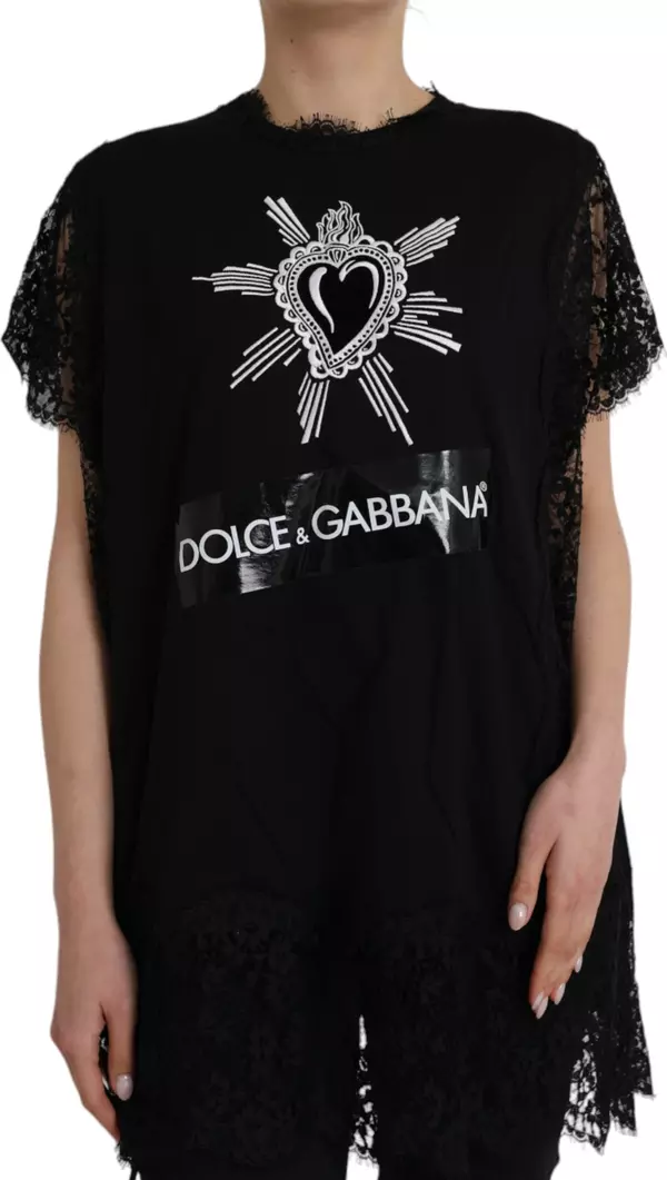 Black Sacred Heart Print Cotton Lace T-shirt