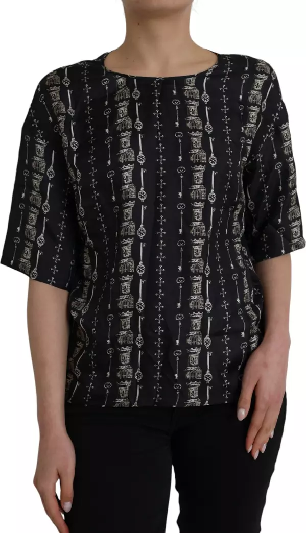 Black Key Castle Print Silk Blouse T-shirt