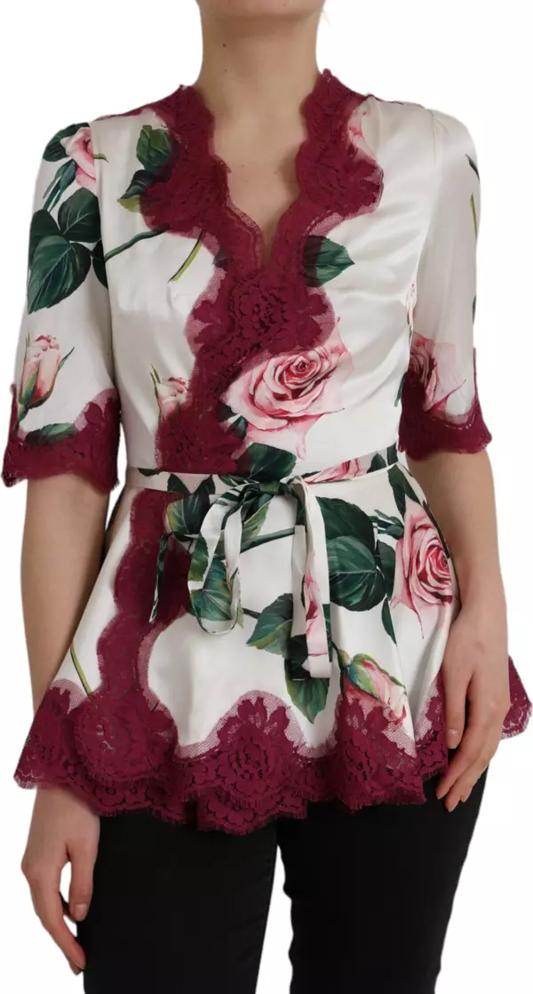 White Floral Lace Silk Short Sleeves Top