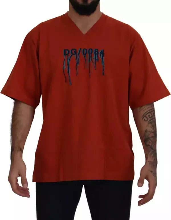 Red Logo Embroidery Crewneck Cotton T-shirt
