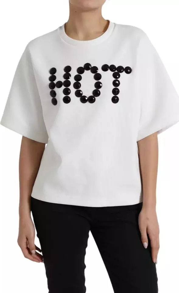 White Cotton Black HOT Crystal Top T-shirt