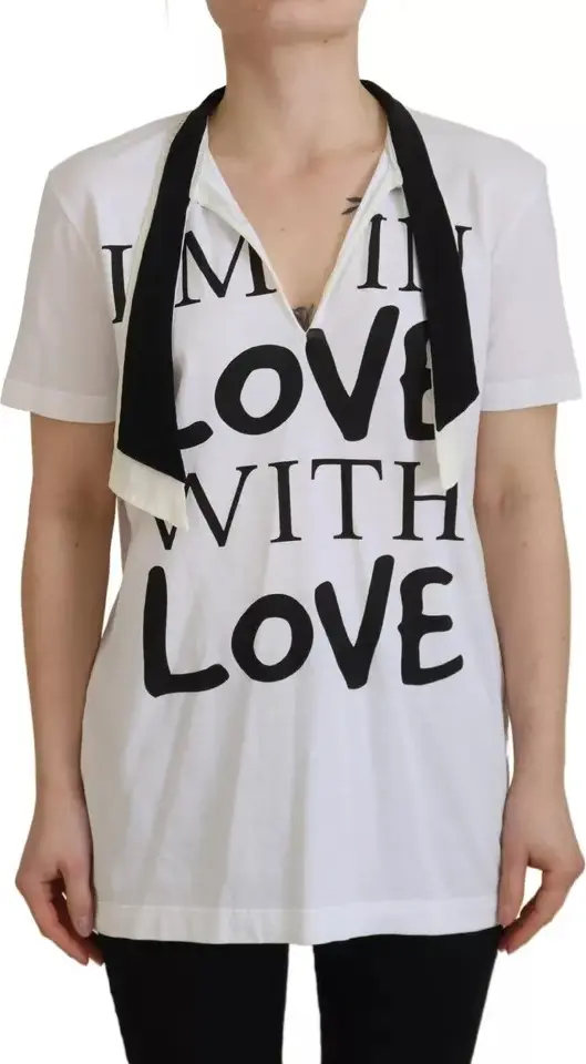 White Cotton Printed Ascot Collared T-shirt