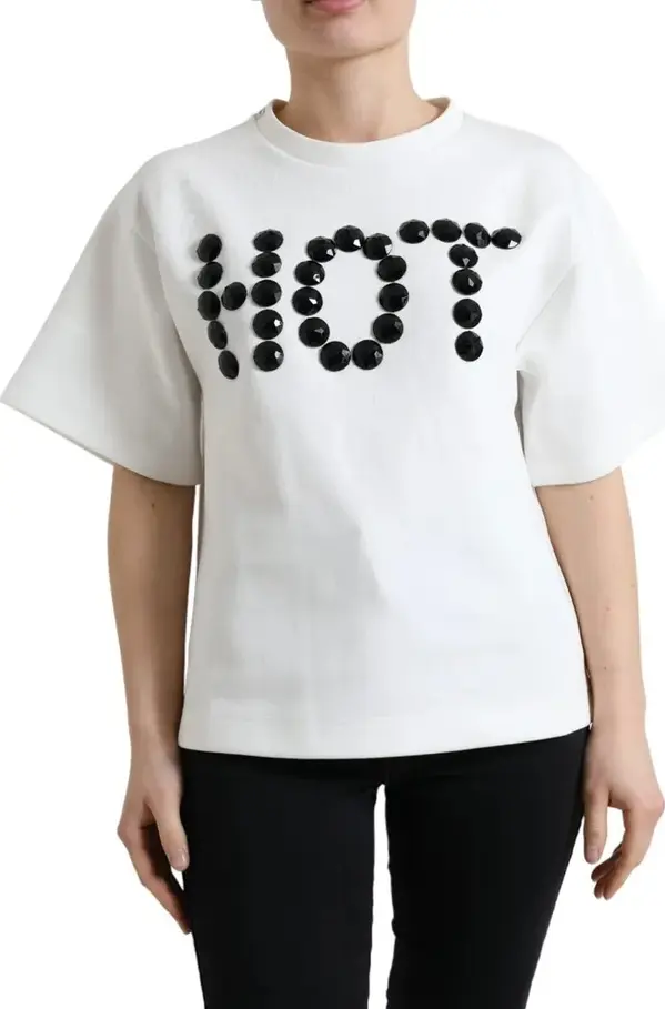 White Cotton Stretch Black HOT Crystal T-shirt