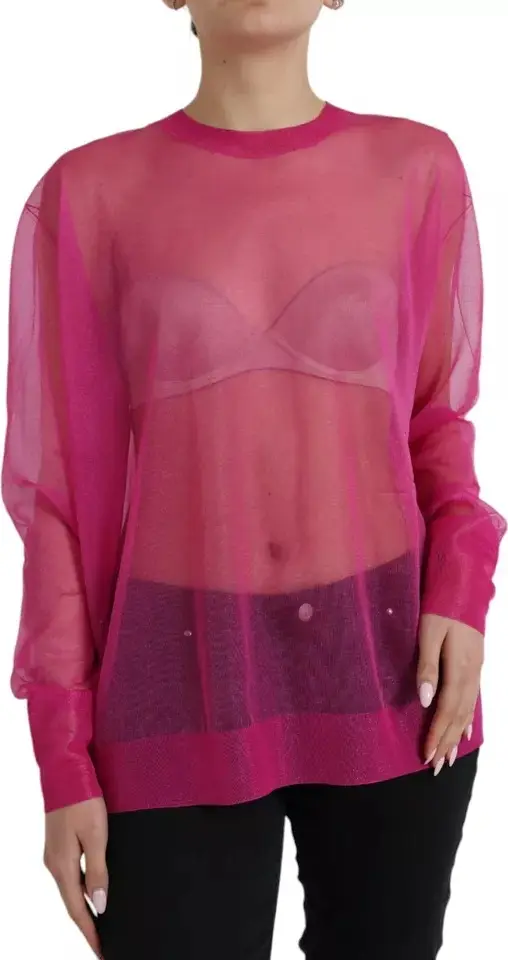 Pink Transparent Crewneck Long Sleeves Top