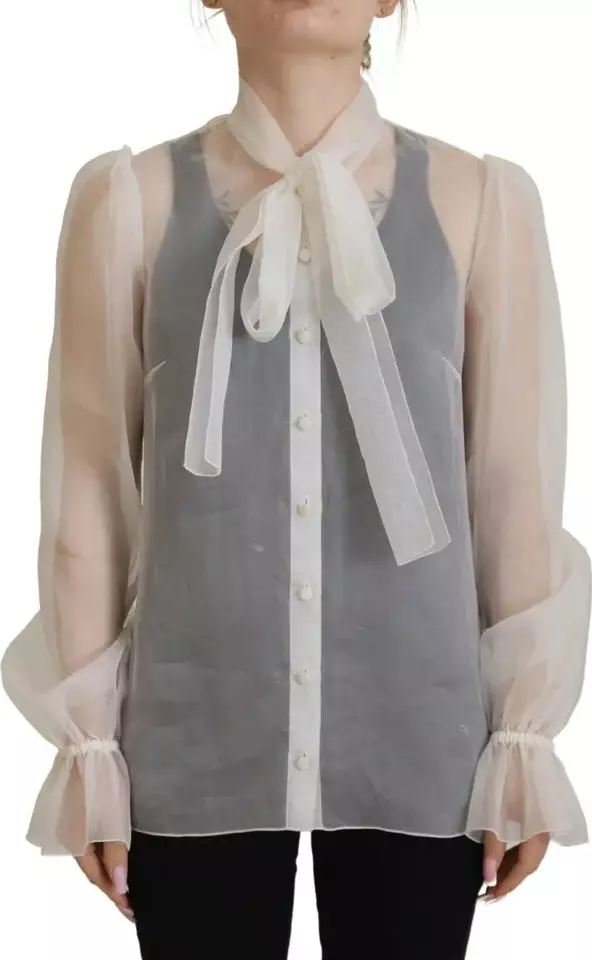 White Ascot Collar Long Sleeves Blouse Top