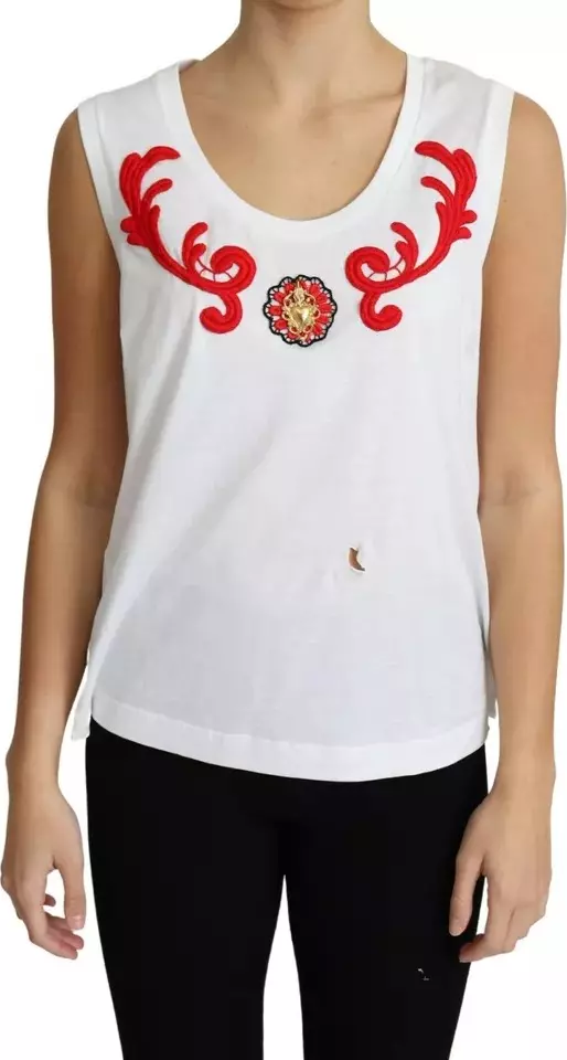 White Cotton Heart Applique Sleeveless Tank Top